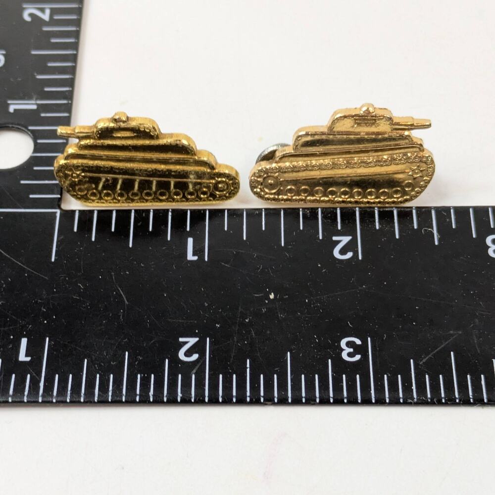 Pair Gold Tone Tank Military Armor Lapel Pins Twin Clutch Insignia Badge Set